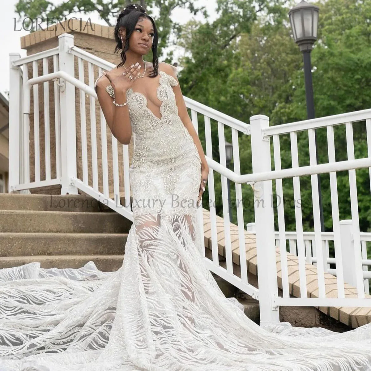 Vestido de fiesta de sirena con diamantes rosas brillantes, vestido de graduación con cuello en V, cuentas de encaje sin mangas, diamantes de imitación, vestido de noche Formal, elegante