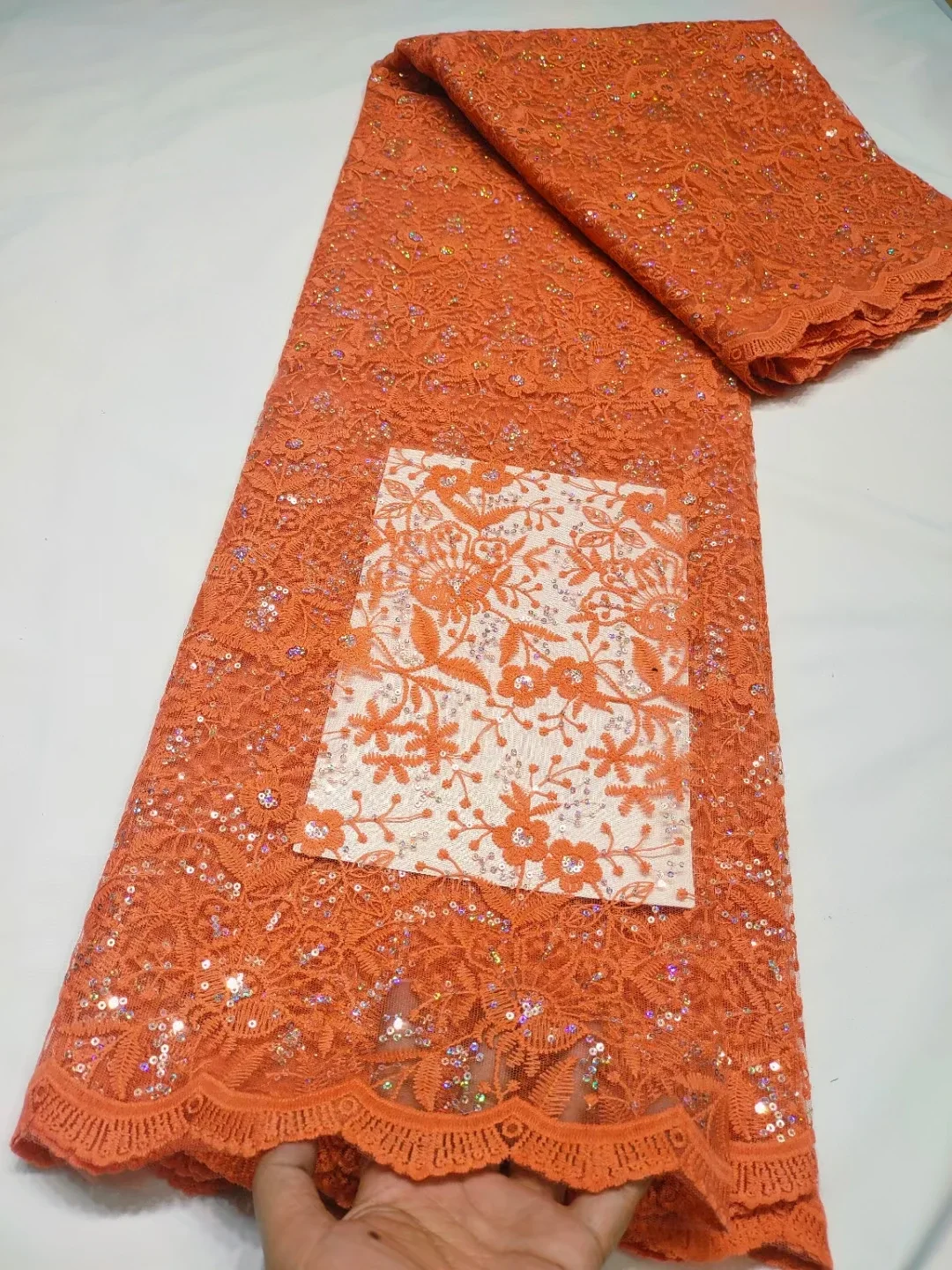 Latest Orange African Sequins Lace Fabric 2024 High Quality French Voile Net Lace Fabric For Nigerian Women Party Dress LCD24111