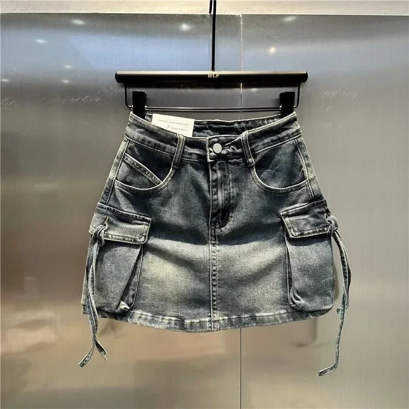 2024 New Fashion Three Dimensional Strap Pocket Wash High Tooling Denim Skirt Women  Summer Vintage Casual Joker A Skirt