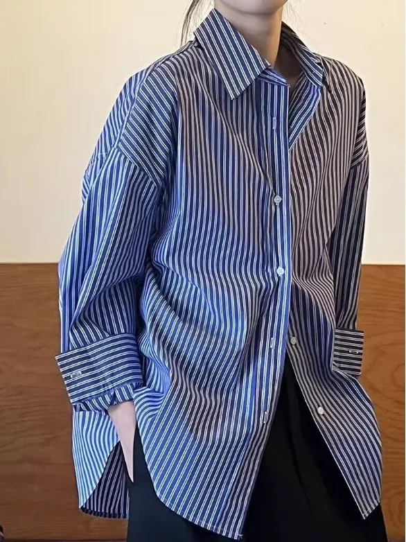 Retro Striped Long Sve  Ne irt Women's Spring Autumn Loose Fit Faionable Versatile Top Breathable Comfortable Sk...