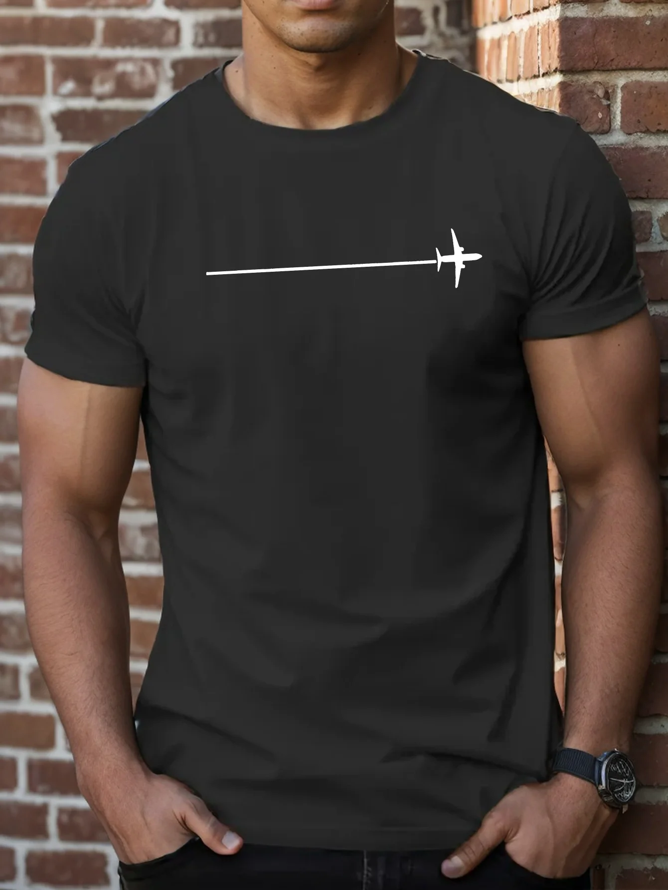 Men's summer 100 pure cotton fashionable casual loose minimalist airplane pattern printed round neck short sleeved T-shirt top