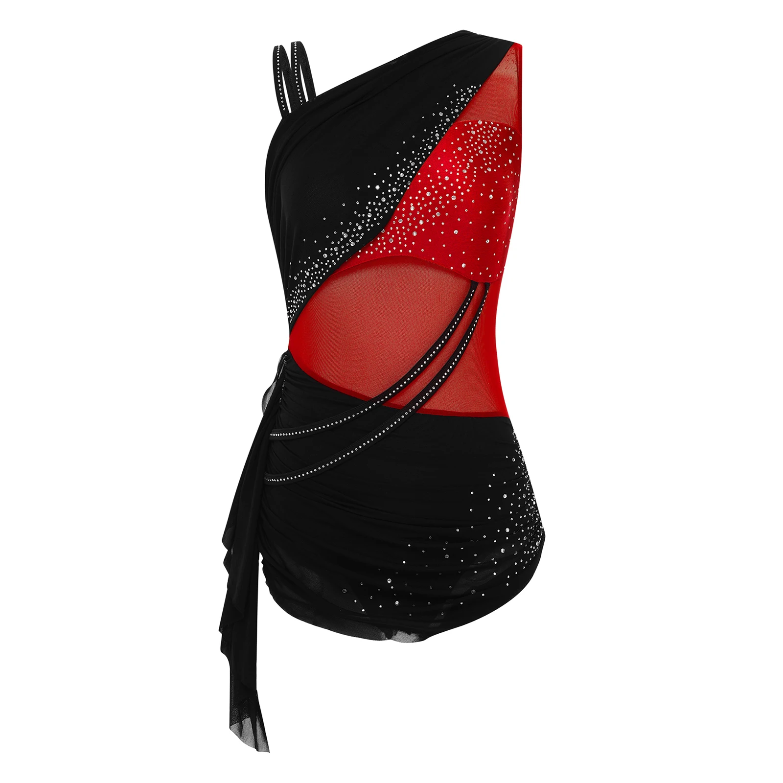 

Женский комбинезон для фигурного катания с асимметричными плечами, стразами и драпированной юбкой, для гимнастики, латиноамериканских танцев, балета, танцевальный купальник