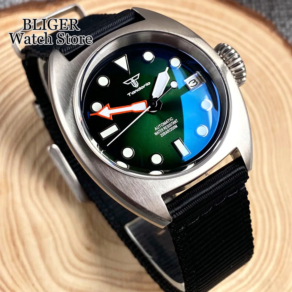 200M Water Resistent NH35A 36MM Diver Watch Men Sunburst Green Blue Dial Luminous AR Arch Sapphire Crystal Nylon Band Black