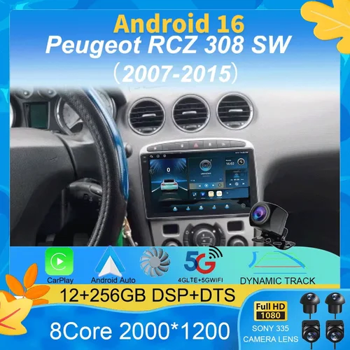 Imagen 1 del producto Radio para Auto con Android 16 para Peugeot RCZ 308 SW 2007-2015 408 2012-2020, 2DIN, Navegación Multimedia GPS, Carplay, Unidad Principal para Auto, WIFI