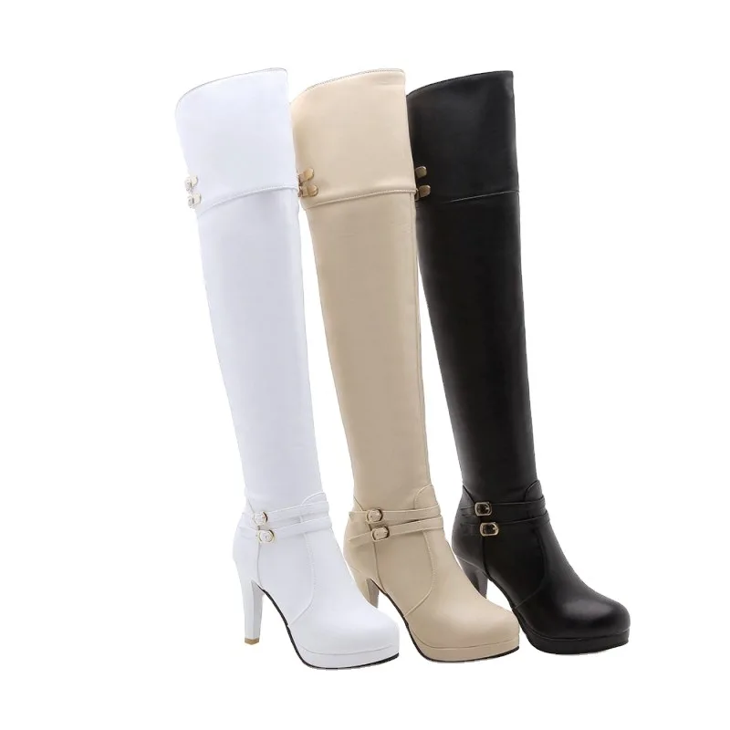

Fashion Women Sexy Thigh High Boots White Show Round head Club Party Shoes Thin High Heels Over The Knee Long Boots For Women