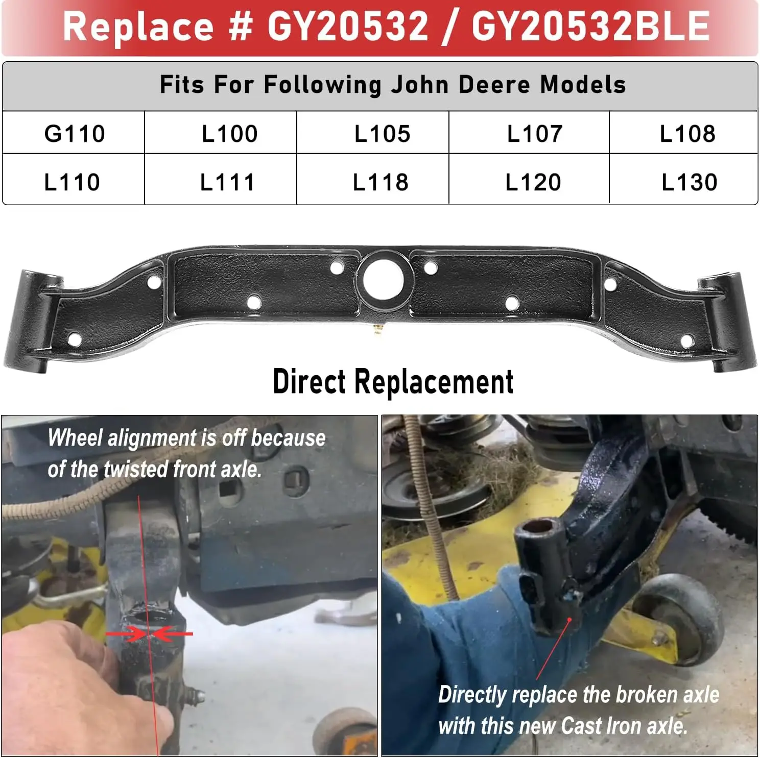 TM GY20532 Front Axle Pivot Bar Compatible with John Deere L100 L105 L107 L108 L110 L111 L118 L120 L130 G110