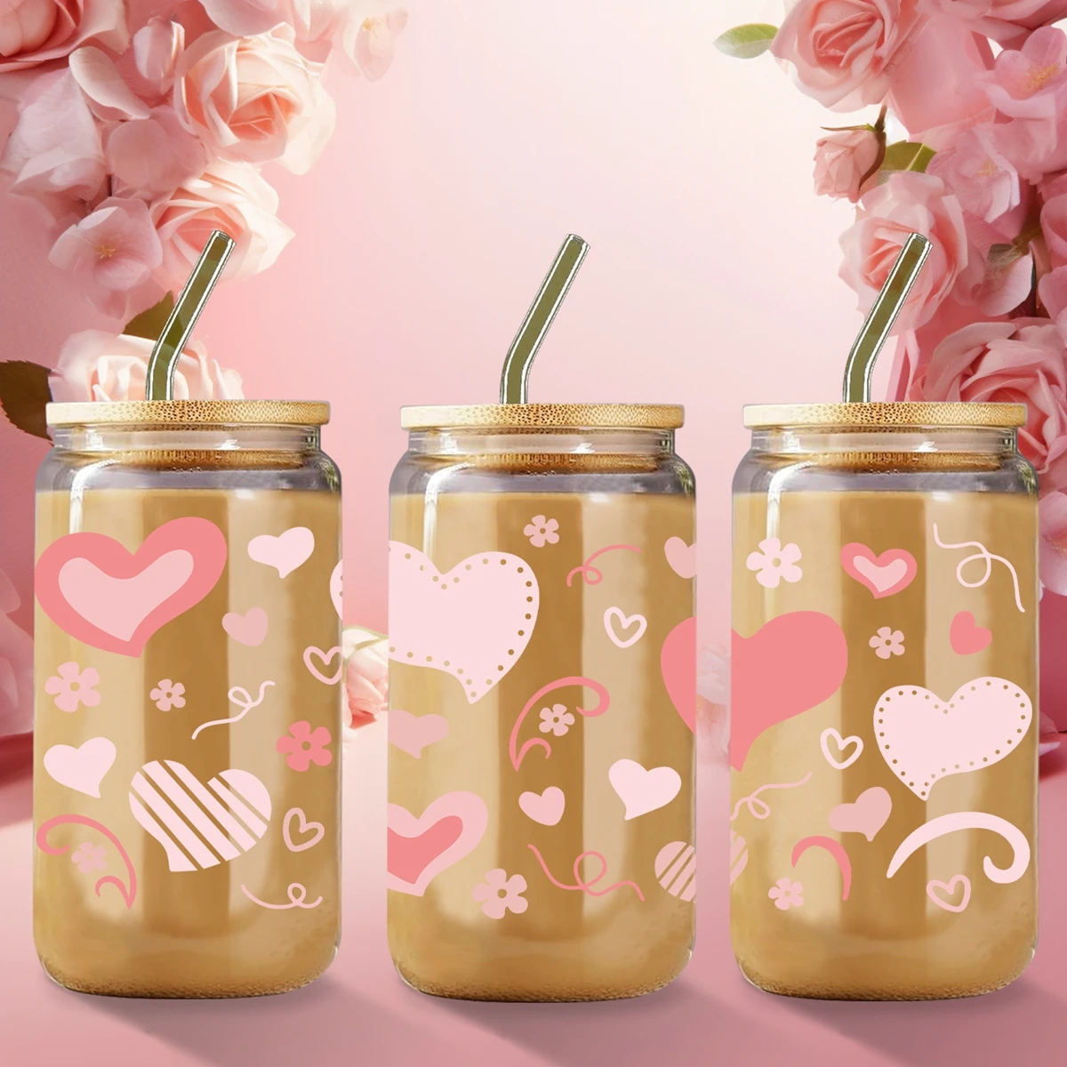 1pc Love Pattern 3d Printed 16oz Sublimation High Borosilicate Glass Coffee Cup With Lid&Straw Valentine's Day Gift