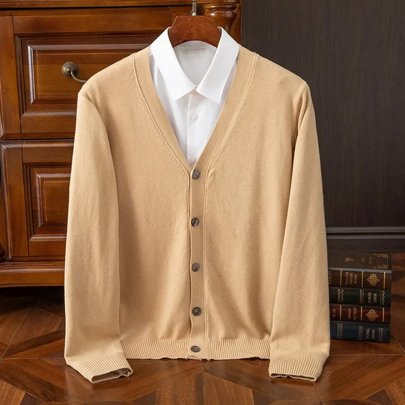 Plus Size M-5XL Cashmere Cardigan Sweater Men's Solid Color Knitted V-neck Warm Wool Male High End Casual Coat New Style