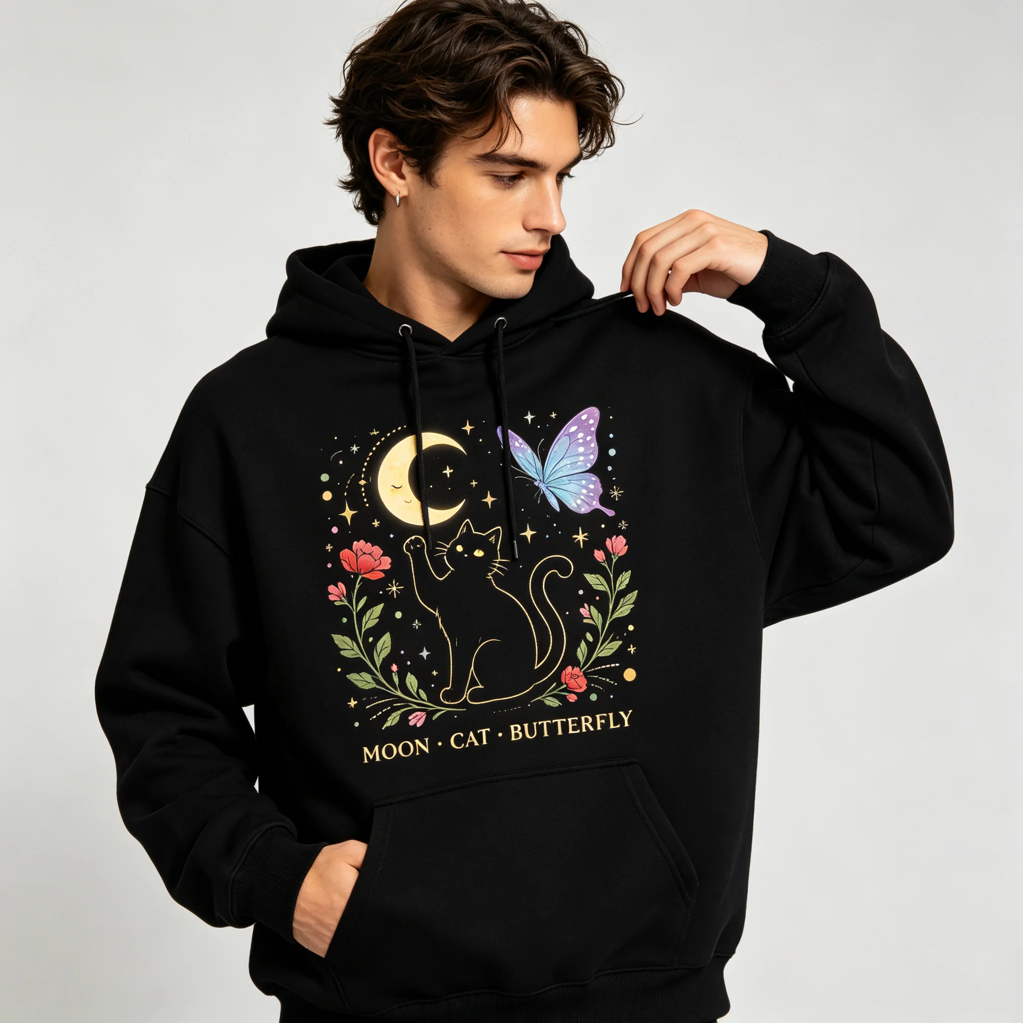 Boho Mystical Hoodie for Men “Moon Cat Butterfly” Floral Graphic Print Casual Cotton Pullover Long Sleeve Male Hooded Top Gift