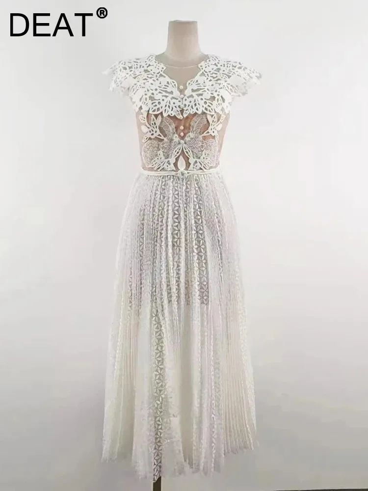 

DEAT Fashion Women Hollow Out V-neck Lace Spliced Dress Embroidery Sleeveless Mid-length Party Female Dresses 2024 Autumn 15C80