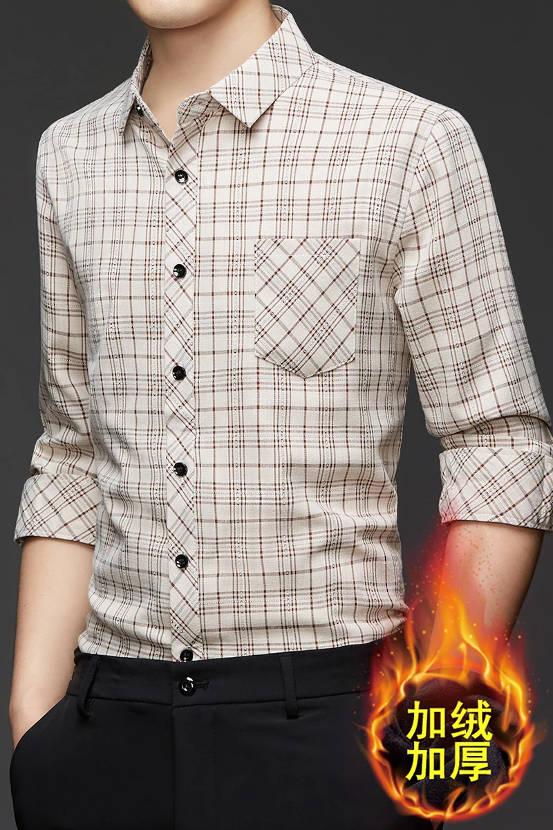 الخريف والشتاء القطن والكتان منقوشة قميص مخملي بأكمام طويلة الأعمال عادية لا الكي الربيع قميص رجالي