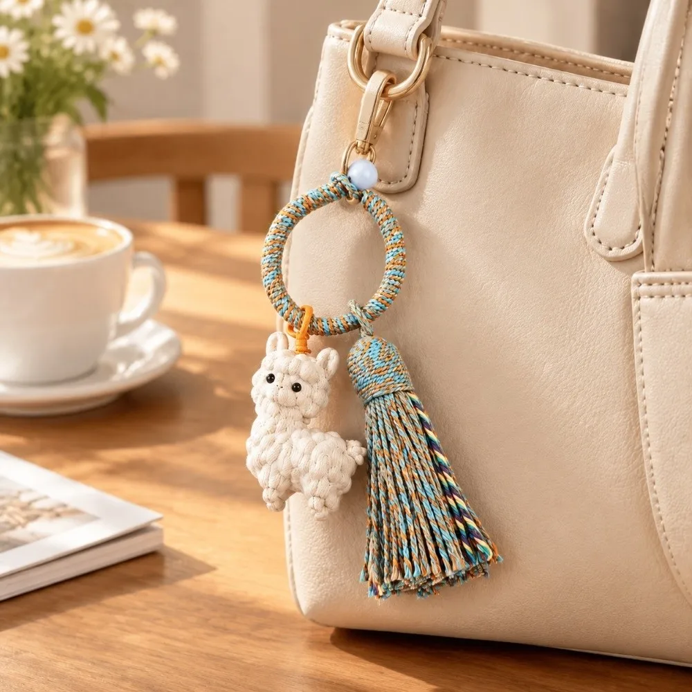 Wood Lamb Keychain Handwoven Handmade Craft Sheep Bag Charm Tassel Accent Hanging Ring Chinese Zodiac Sheep Pendant