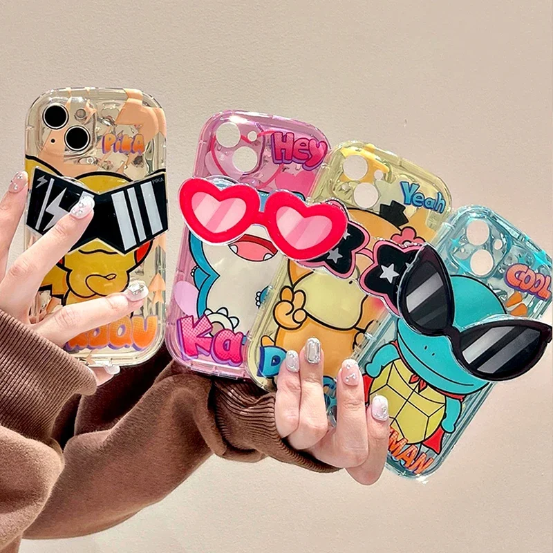 Cartoon Pokemon Glasses Bracket Phone Case for iPhone 15 14 13 12 11 Pro Max XS X XR 8 7 Plus SE 2020 Soft Silicone Cover Funda