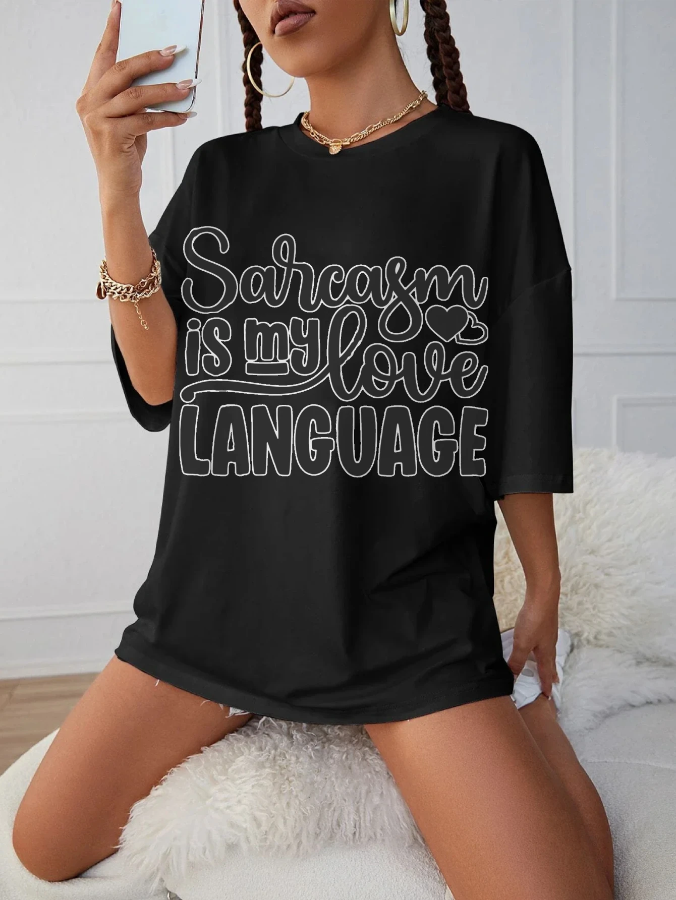 

Sarcasm Is My Love Language Women's Black Round Neck T-Shirt Loose Fit Trendy Maternity Clothing for Late Pregnancy