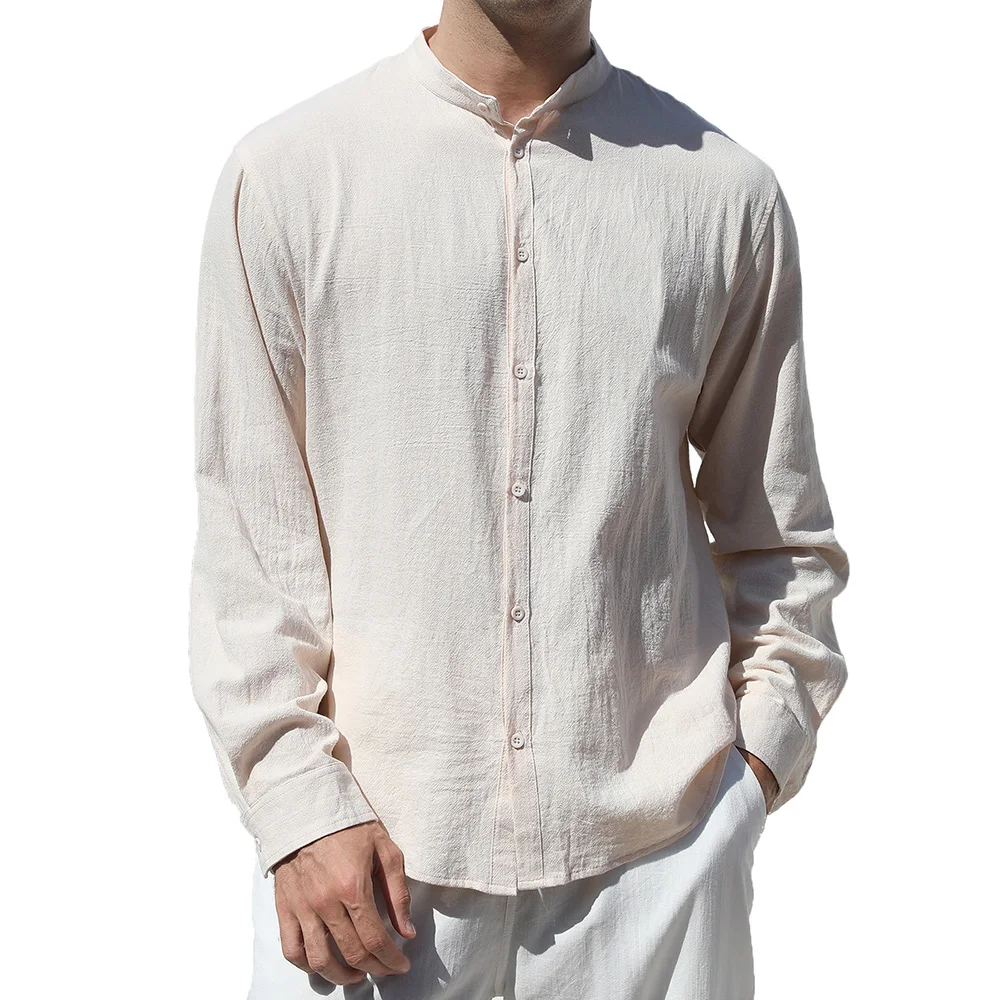 Men's Cotton Linen Shirt Long Sleeve Breathable Lightweight Henley Neck Comfortable Shirts Casual Vacation Single Breasted Top
