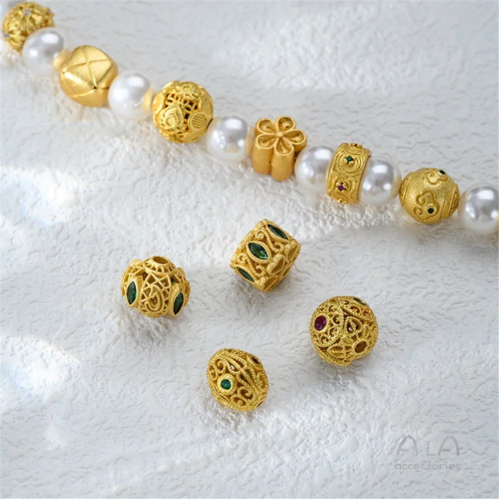 Sand Gold Colored Zirconium Cylindrical Wheel Beads Hollow Round Bead Partition Xiangyun Lock DIY Beaded Jewelry Accessories