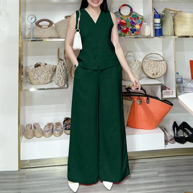Sommer Hosen Sets ZANZEA Büro Frauen Outfits Elegante Ärmellose Westen Tops Breite Bein Hosen Anzüge 2PCS Solide OL Arbeit trainingsanzug