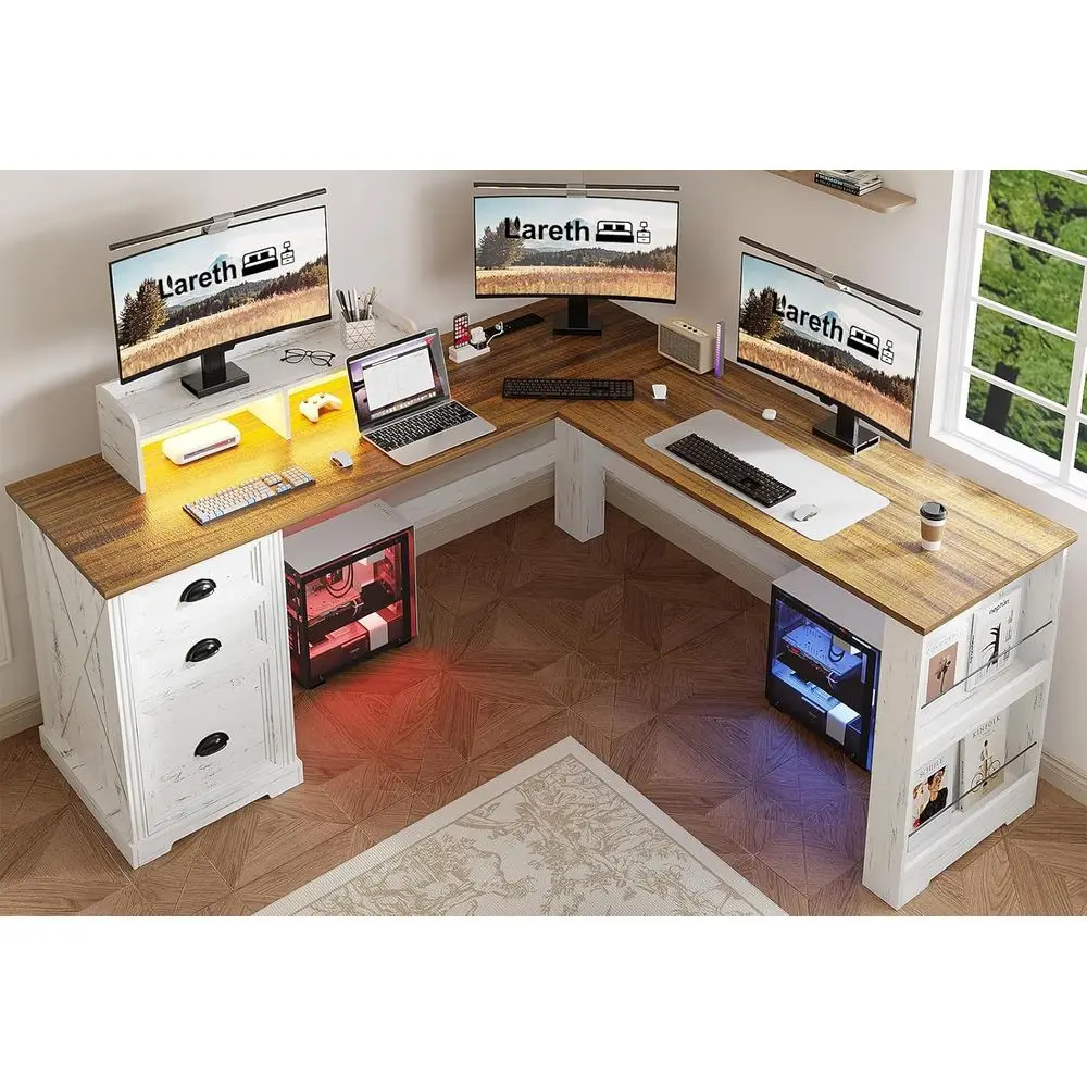 

Антикварный белый L-образный стол со светодиодной подсветкой, подставкой для монитора и розеткой, идеально подходит для домашнего офиса или игр