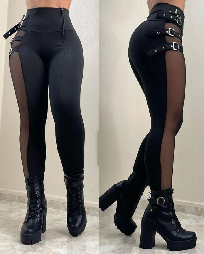 

Women's Pants Daily 2024 Summer Fashion Solid Color Sexy Sheer Mesh Patch Buckled Zipper Design High Waist Skinny Pants