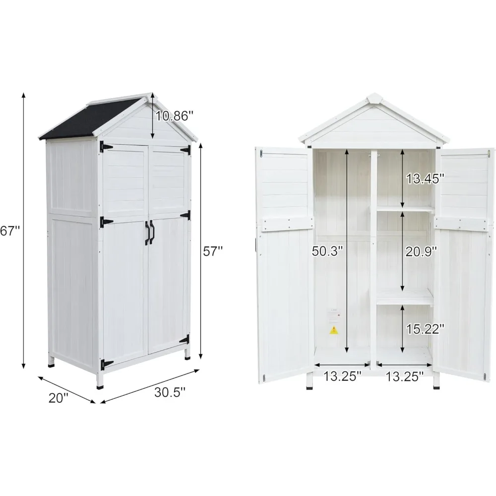 Szopa ogrodowa z drewna jodłowego o długości 67 cali z podwójnymi drzwiami, skośną dachem i 4 wewnętrznymi półkami.