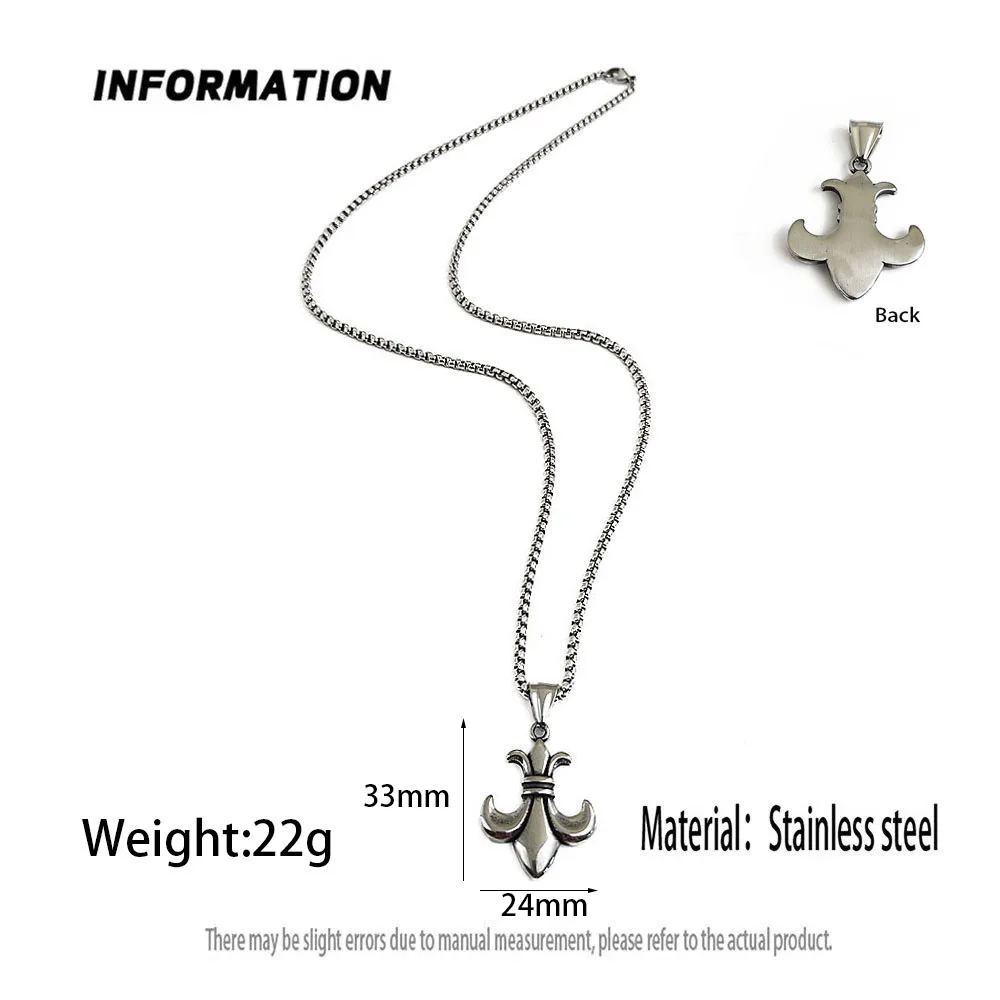 Men's 316L Stainless Steel Fleur‑de‑Lis Pendant Necklace Vintage Punk Hip‑Hop Wheat Chain Biker Jewelry Gift for Guys