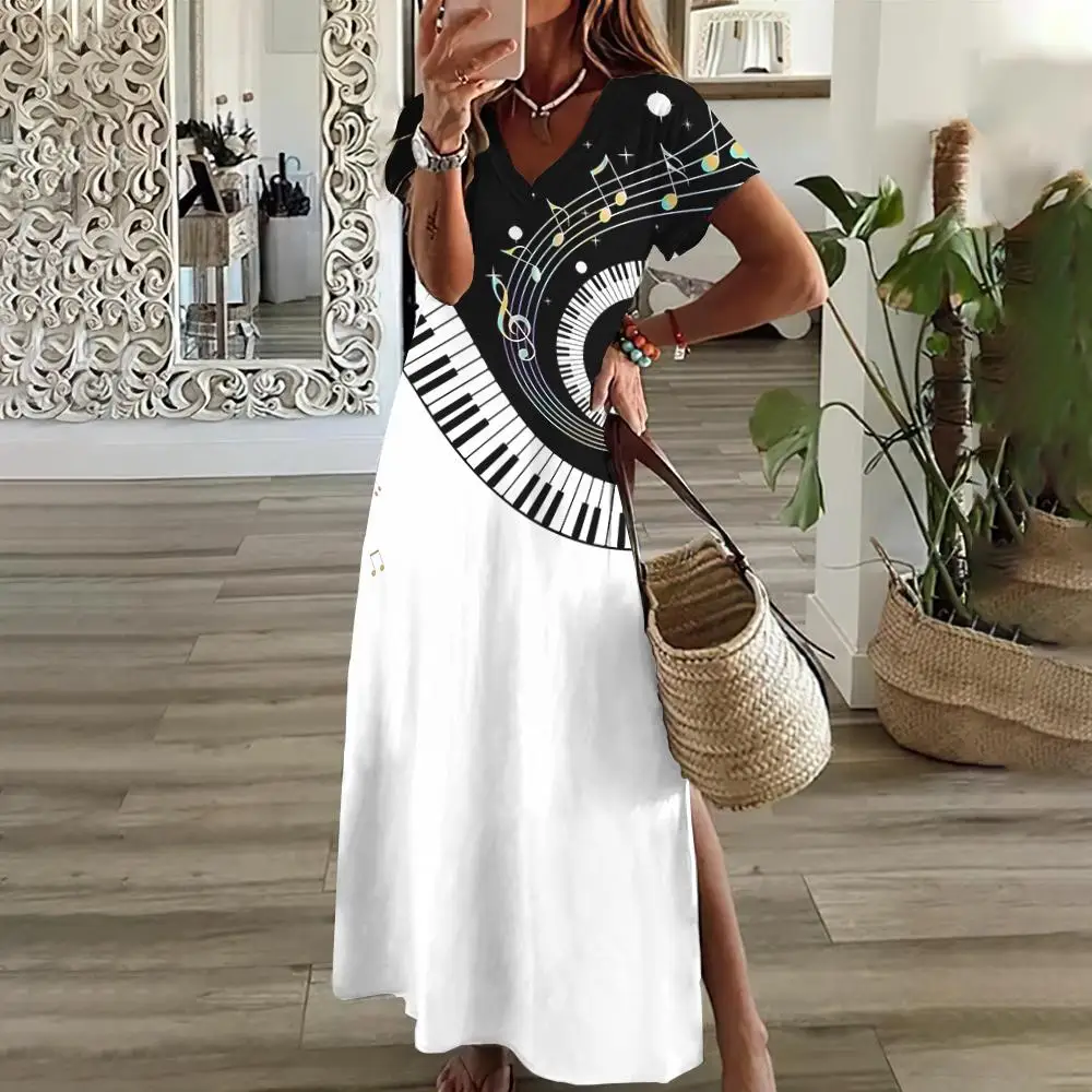 2024 Black And White Music Note Print Women\'s Dresses Plus Size Elegant Dresses Female Long Dresses Summer  Women\'s Clothing