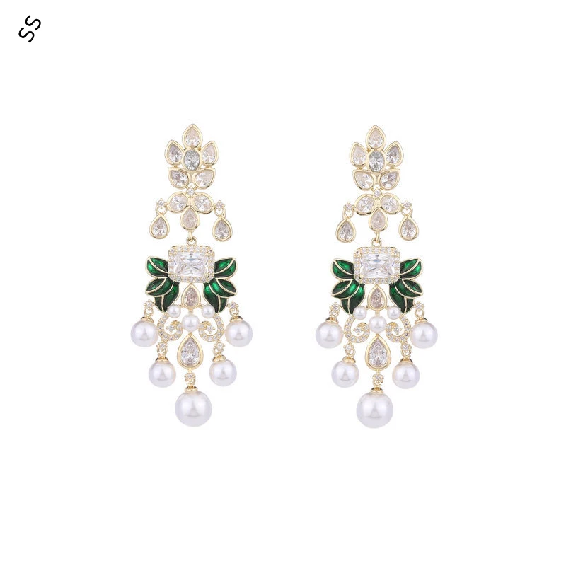 Noble Women Fashion Evening Dress Accessories Earrings Copper Inlaid Gemstone Zircon Pearl Ear-pins S925 Needle