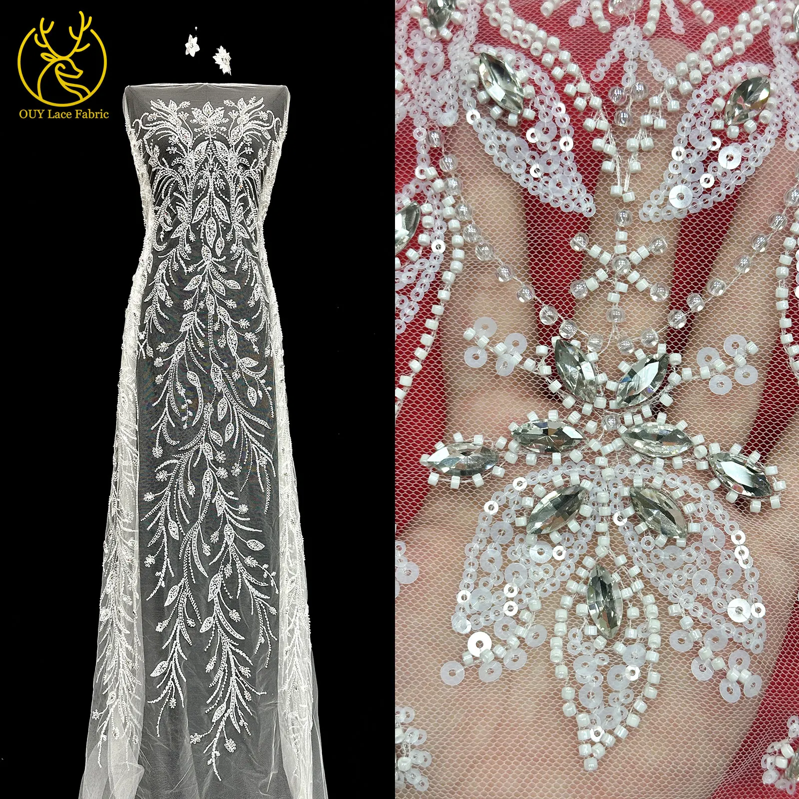 

2026 Elegant Wedding Lace African Stone Beaded Lace Fabric White French Sequins Lace Nigerian Mesh Lace Bridal Dress Sewing