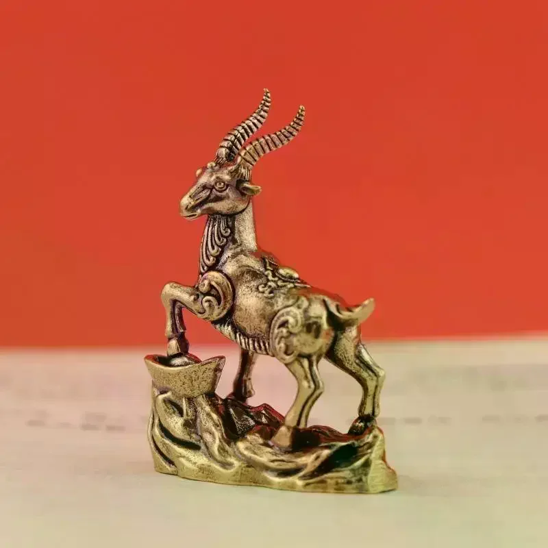 Vintage Brass Lucky Zodiac Animal Stepping Treasure Antelope Statue Desktop Home Ornament Decoration