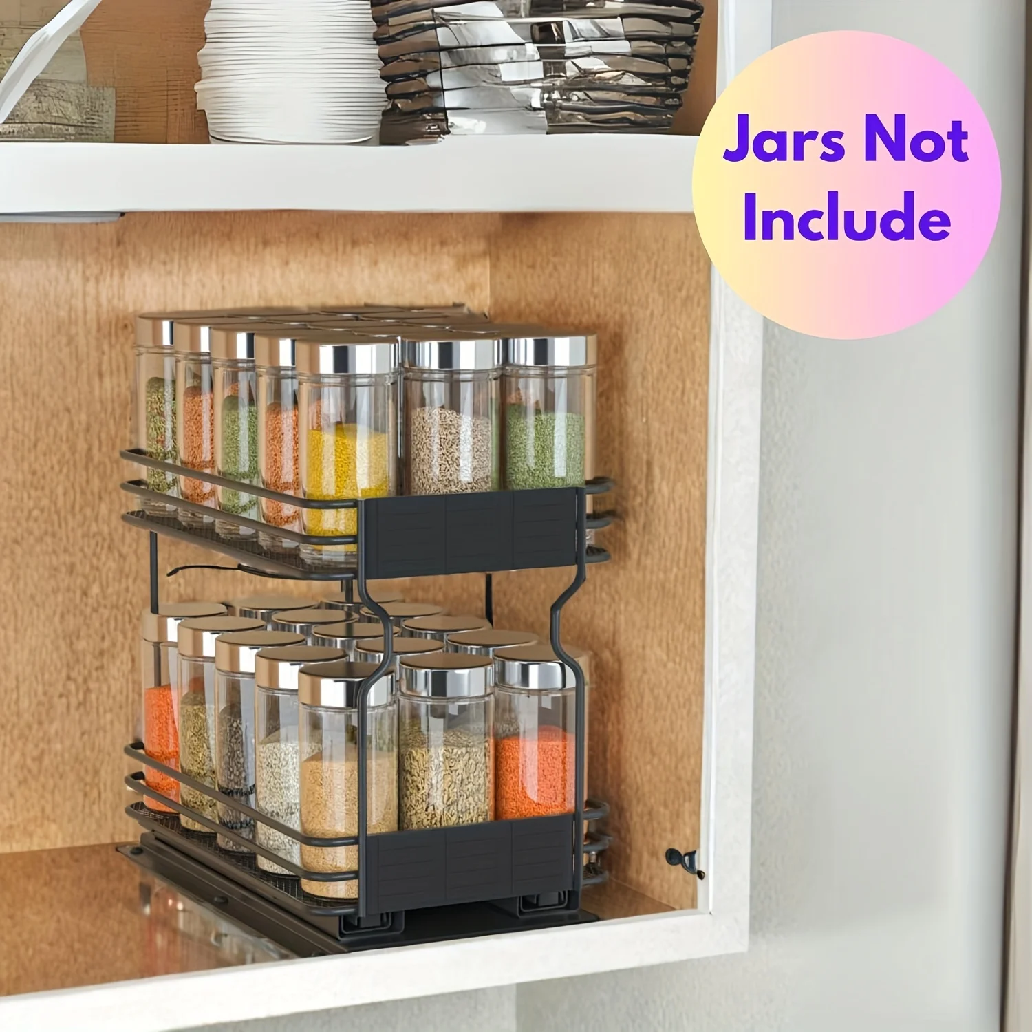 

Slide-Out Kitchen Spice Organizer, Heavy Duty 2-Tier Cabinet Rack, Includes Labels And Chalk Marker, 1 Drawer, 6.5" W X 10.75" D X 8.5" H