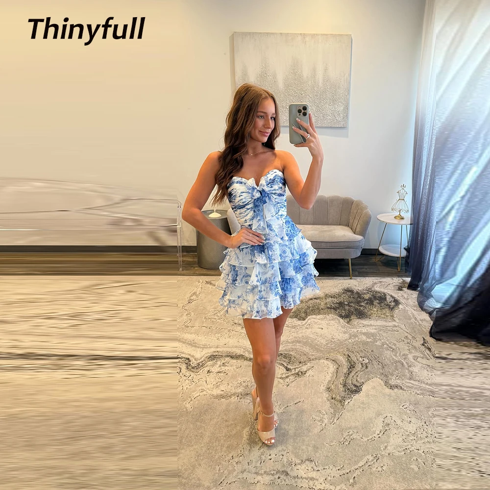 Thinyfull Flower Print A-line Short Homecoming Dress Sweetheart Sleeveless Tiered Birthday Gown Mini Party Dress Customized