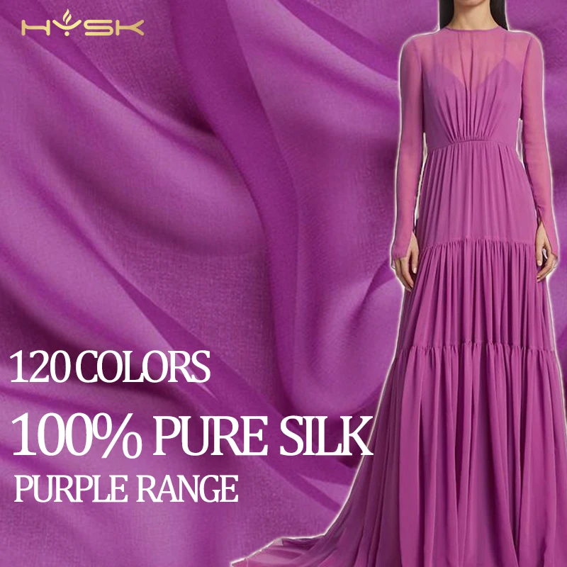 HYSK 100 pure silk chiffon fabric purple 120 multicolor italy wash silk georgette cloth stock price per meter for wedding gown