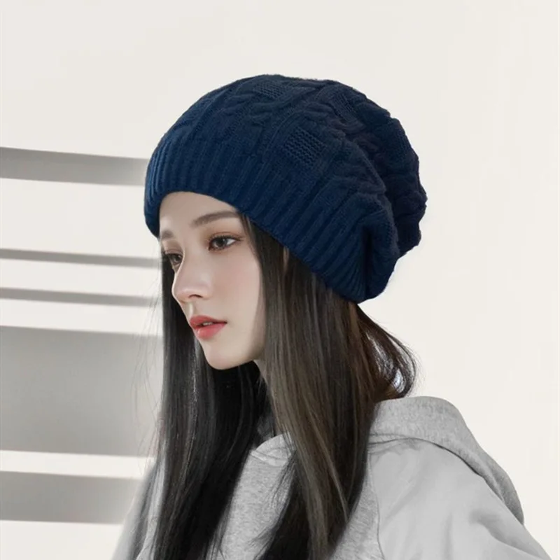 New Winter Beanie Skullies Hats for Women Colorful Big Size Warm Thick Knitted Hat Female Curling Pile Confinement Bonnet Cap