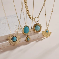 Multilayer Plated 14K Real Gold Natural Stone Necklace Turquoise Pendant Titanium Steel Chain Women's Fashion Jewellery Gifts