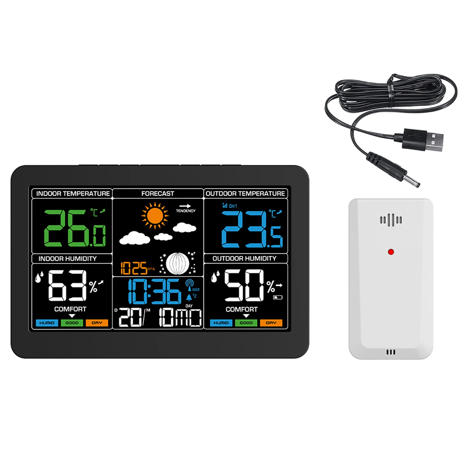 

Large Screen Weather Clock Weather Station Wireless RF Temperature Humidity Monitor with Weather Forecast Remote Sensor