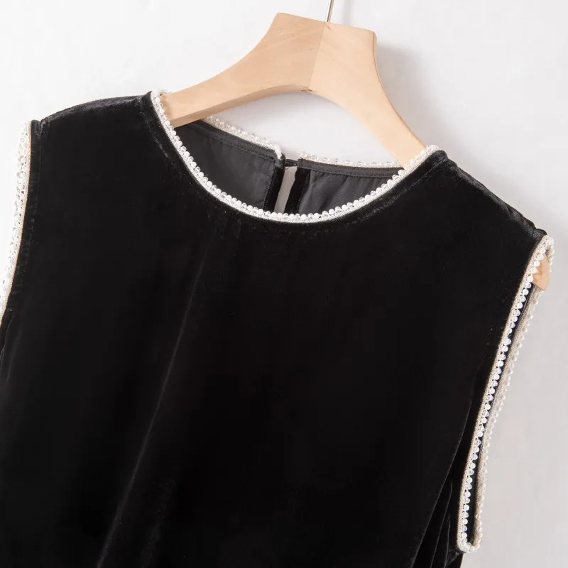 2025 여성용 초가을 신상 30% 천연 뽕나무 실크 벨벳 루즈핏 민소매 레트로 블랙 파티 패션 탱크탑 드레스