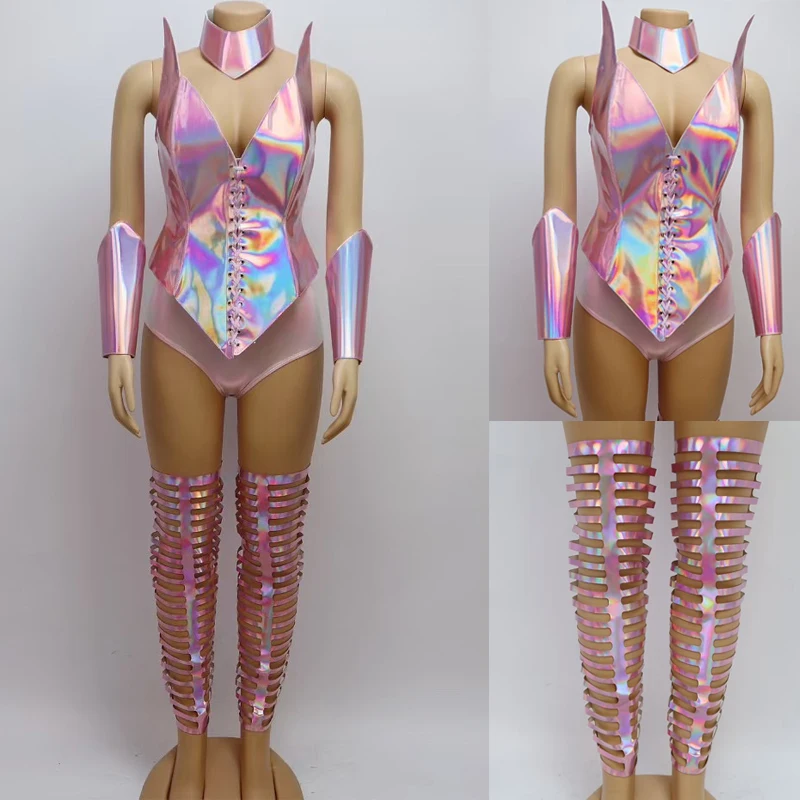 بار ملهى ليلي Dj Ds Gogo ملابس رقص النساء الوردي الليزر الساقين غطاء جوفاء مثير القطب الرقص الملابس الهذيان الزي المرحلة ارتداء XS8832