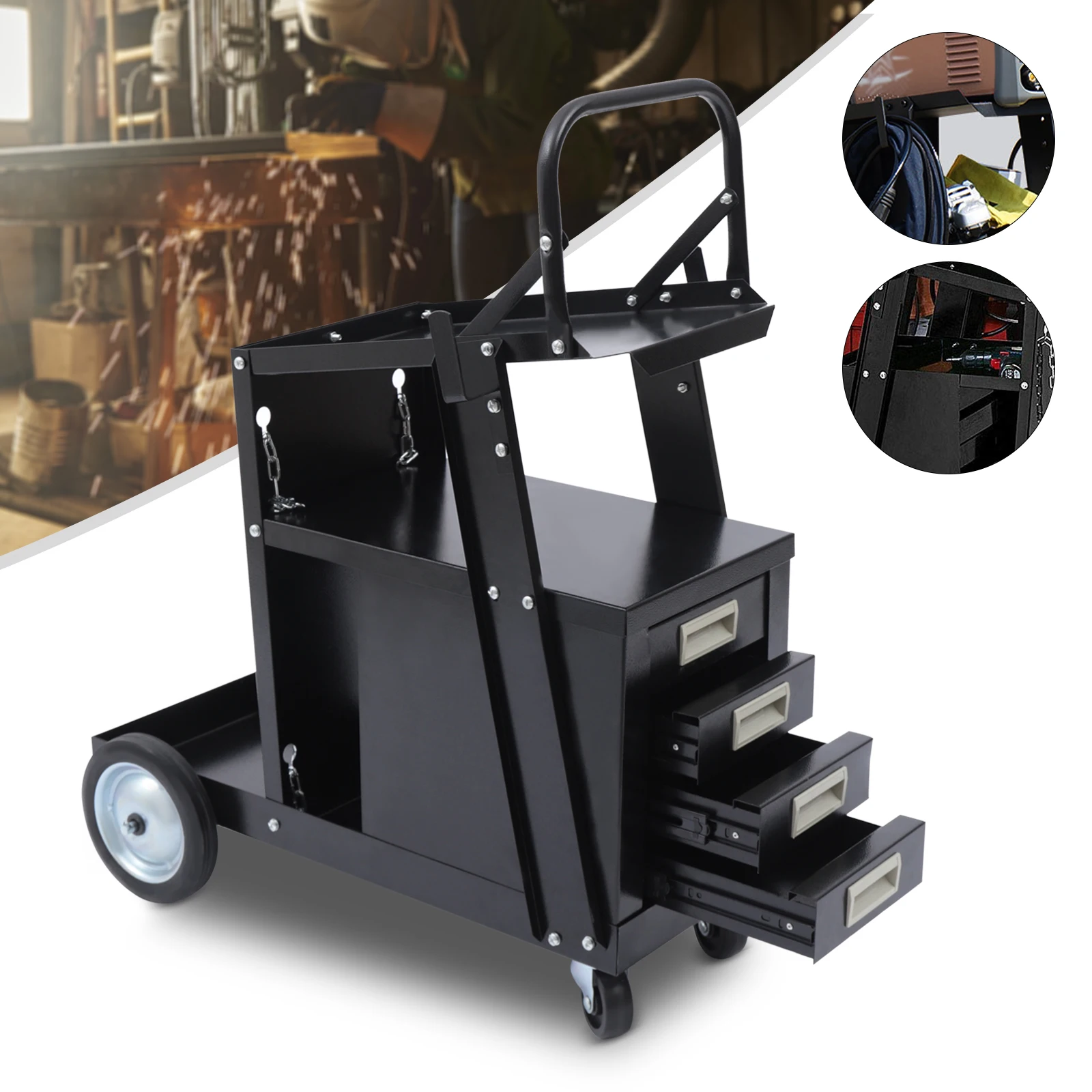 

Rolling Welding Cart with 4 Drawers Wheels and Tank Storage for Welder and Plasma Cutter for Transporting and Storing Most Welde
