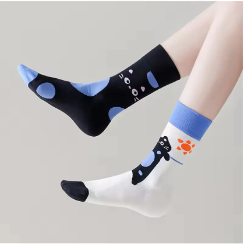 

Asymmetric Autumn Winter Women Socks Funny Cute Cartoon Cat Embroidery Animal AB Interesting Mid Tube Socks