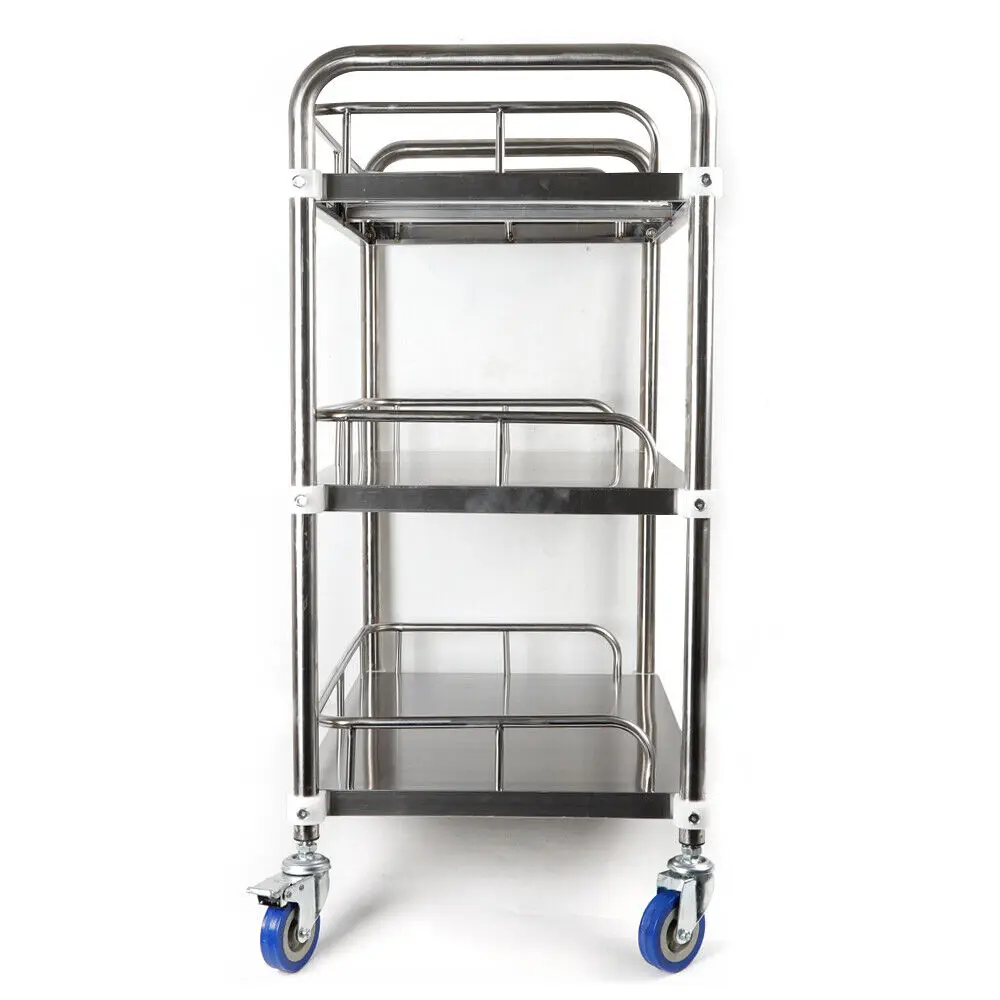 3 Tiers Silver Hospital Three Layers Serving Dental Lab Cart Trolley Stainless Steel 3 Layers lockable