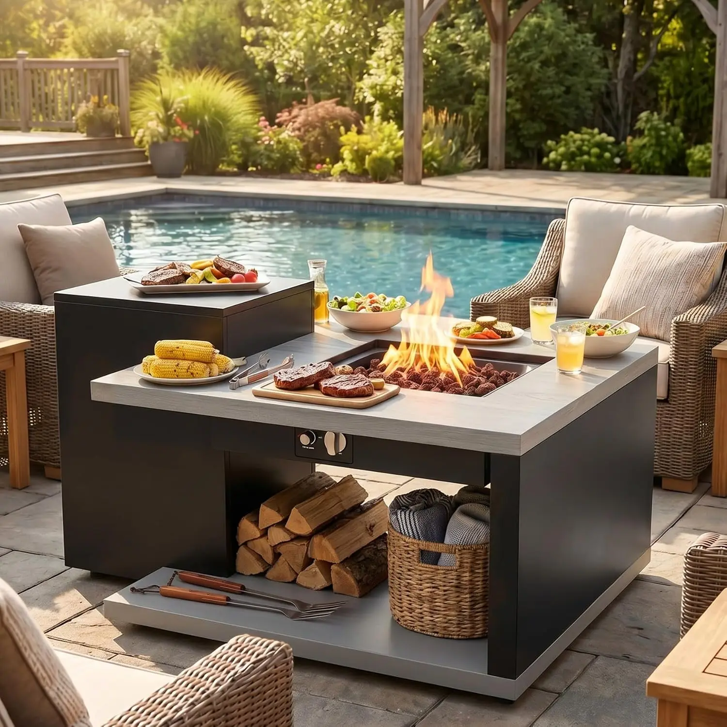 50000 BTU Square Propane Fire Pit Table, Smokeless with Storage & Open Shelf, Stainless Burner, ETL Certified, Customized