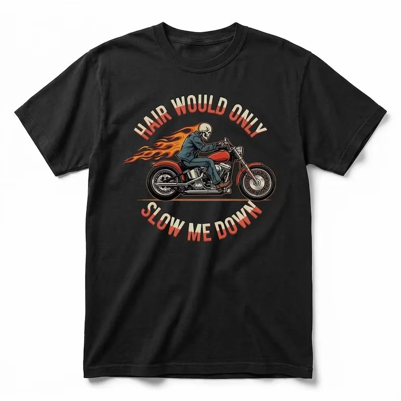 2026 Hair Would Only Slow Me Down Skull Motorcycle T Shirt Unisex Vintage Tee Casual Short Sleeve Streetwear Tops for Men Women