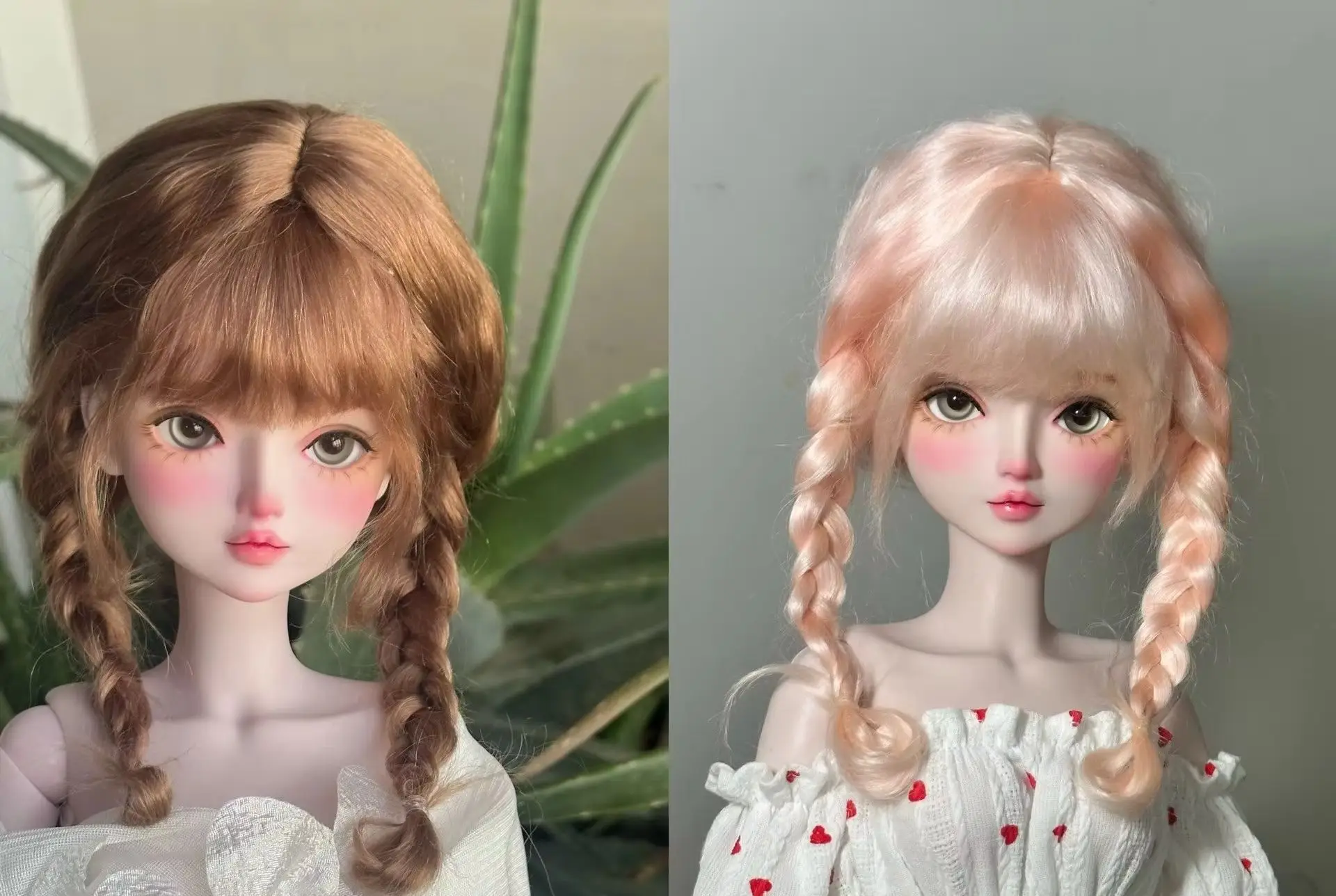 Bangs Double Braid Doll Hair, 1/3 BJD Mohair Wig, Head Circumference 21~24CM