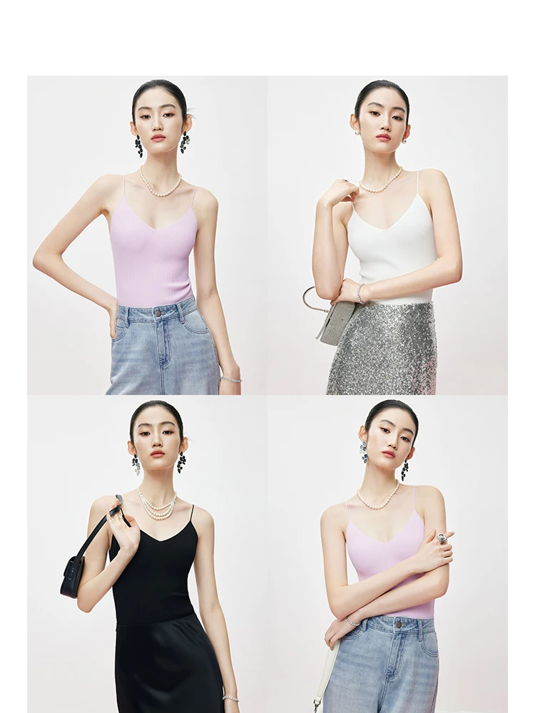

MandyZhang Simple Ele White V-Ne Knitted Tube Top Women's Summer Faion Thin Nylon Polyester Blend Svel Vest