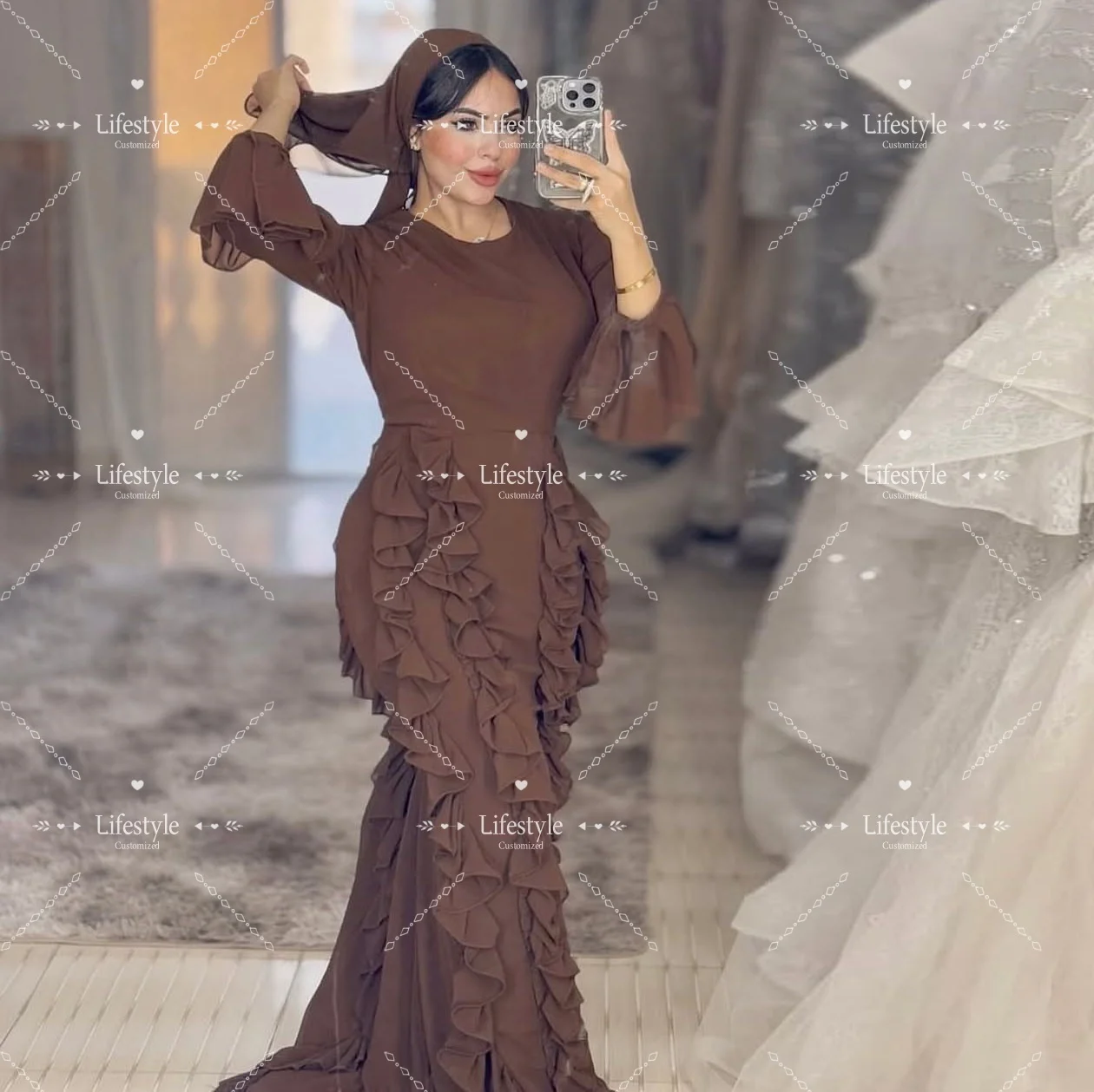 

Коричневые платья для выпускного вечера с круглым вырезом по индивидуальному заказу, 2021, вечернее платье русалки с длинными рукавами и оборками, свадебное вечернее платье