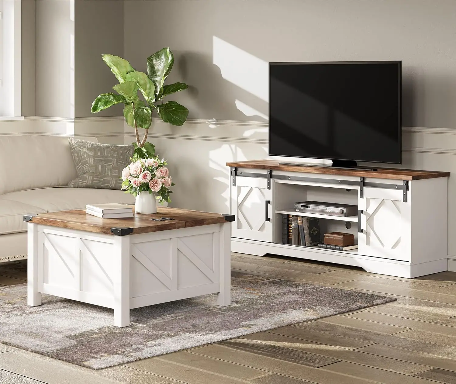 

Farmhouse 65 In TV Stand And Coffee Table Set, Entertainment Center For TVs Up To 65", 30" Square Wood Center Table With Gas Spr