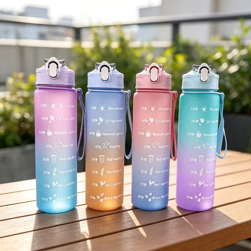 750ml Large-Capacity Frosted Gradient High-Value Motivational Scale Water Bottle with Portable Straw and Handle