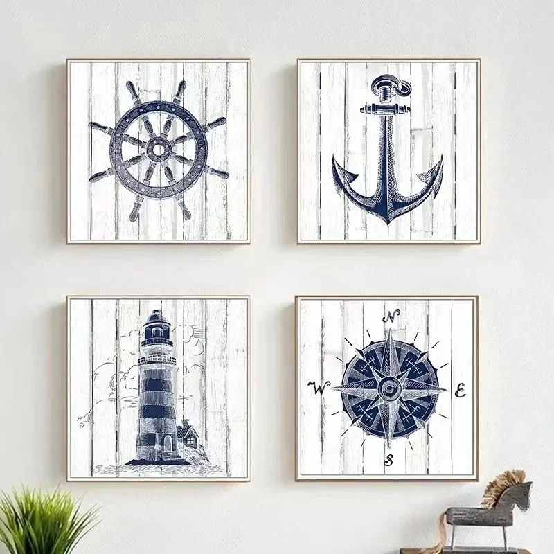 Wall Art Canvas Painting Nautical Chart Painting Lighthouse Navy Picture Anchor Compass Poster Mediterranean Boy Room Decor