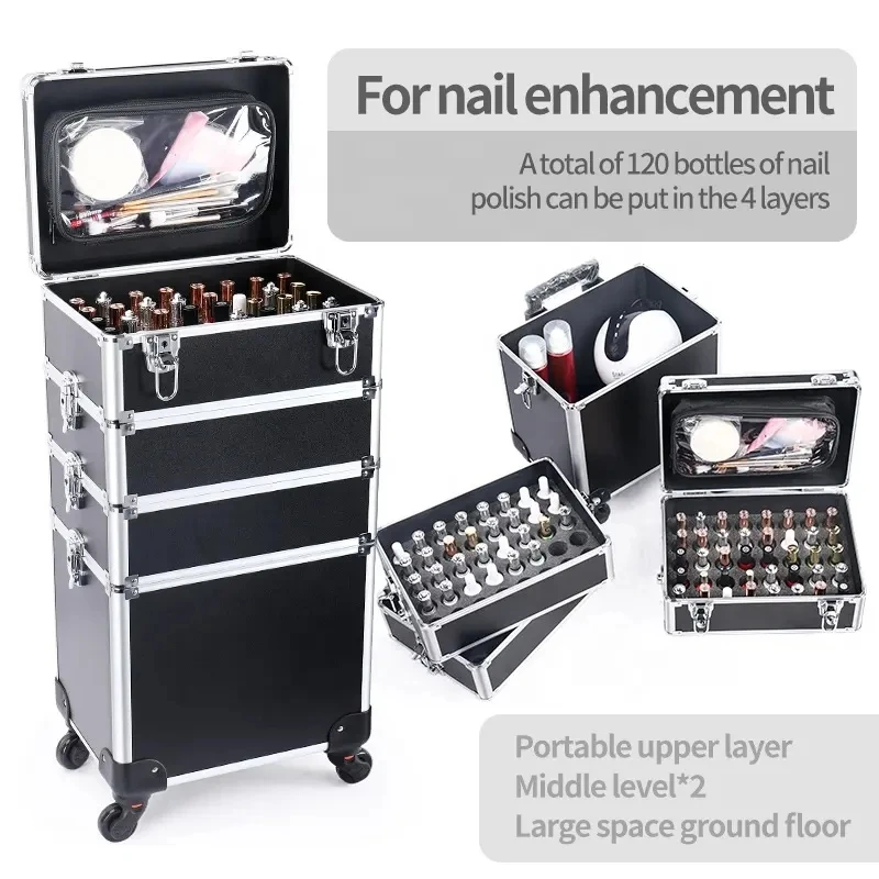 Professional 4 IN 1 Large Aluminum Makeup Train Case Nail Polish Organizer Lockable Travel Rolling Makeup Trolley Case