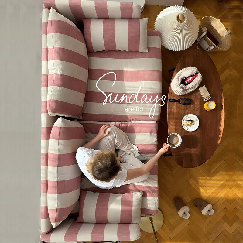 French Retro Fabric Sofa Living Room Small Apartment Pink Striped Sofa Idyllic Home